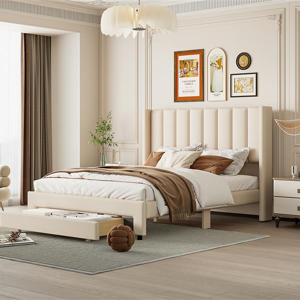 Full Size Storage Bed Velvet Upholstered Platform Bed with a Big Drawer - Beige