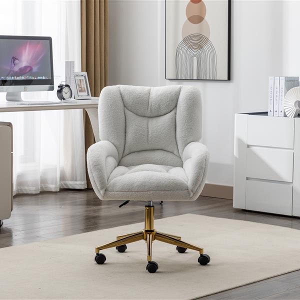 005-Teddy Fabric 360 Swivel Home Office Chair With Gold Metal Base And Universal Wheels,Ivory