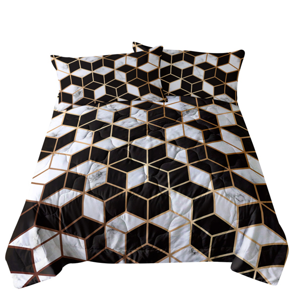 3PCS Comforter Geometric Cube Bedding Set Queen Size Black White Gold Reversible