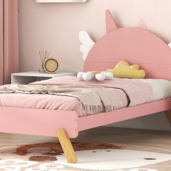 Wooden Cute Bed With Unicorn Shape Headboard,Twin Size Platform Bed,Pink