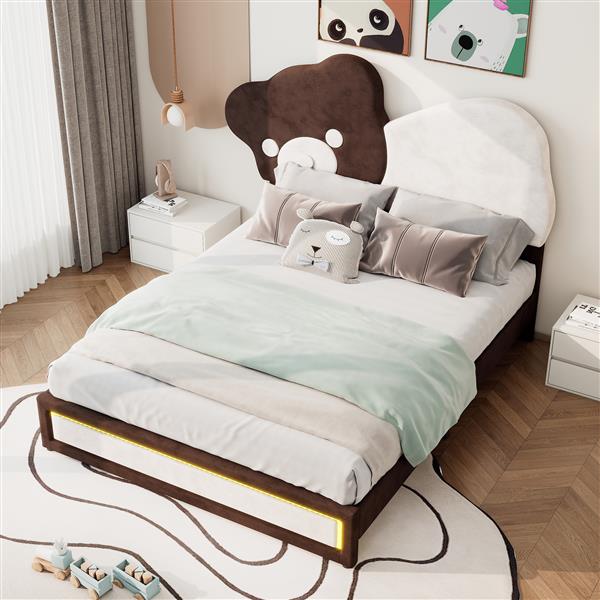 Full Size Upholstered Platform Bed with Bear Shaped Headboard, LED Light Strips, White + Brown