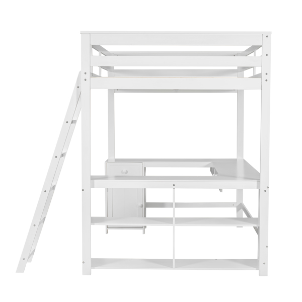 Full Size Loft Bed with U-shaped Desk, Drawers and Storage Shelves, White