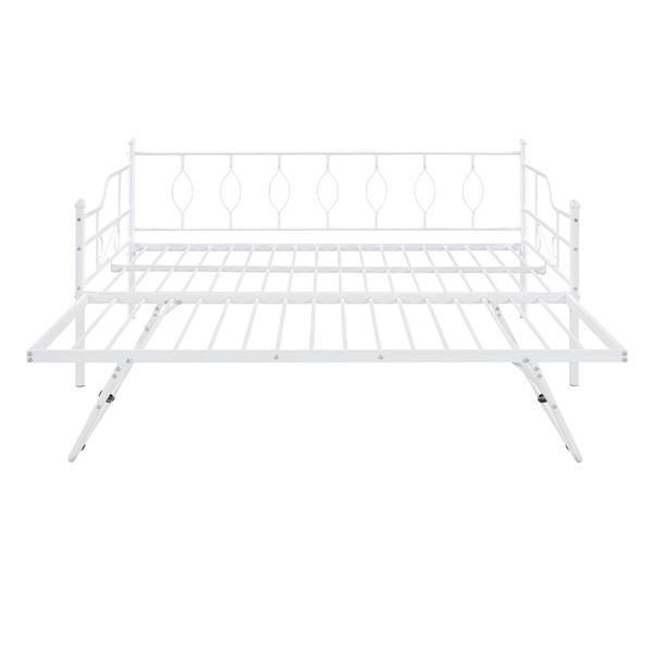 Full Size Metal Daybed with Twin Size Adjustable Trundle, Portable Folding Trundle, White