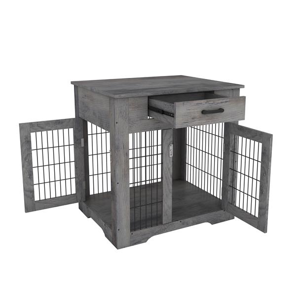 Furniture Style Dog Crate End Table with Drawer, Pet Kennels with Double Doors, Dog House Indoor Use, Grey, 29.9'' W x 24.8'' D x 30.71'' H.