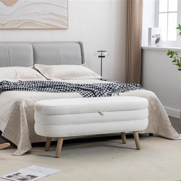 036-Boucle Fabric Storage Bench Bedroom Bench With Wood Legs For Living Room Bedroom Indoor,Ivory