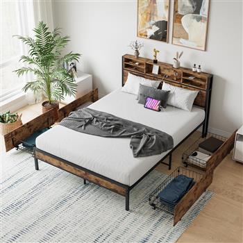 Queen Bed Frame with  Storage Headboard and 4 Drawers