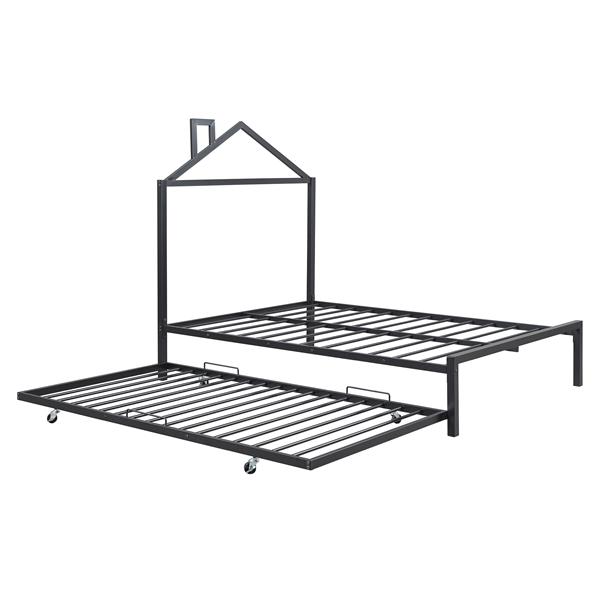 Full Size Metal Platform Bed with twin size trundle,House-Shaped Headboard Design, Black