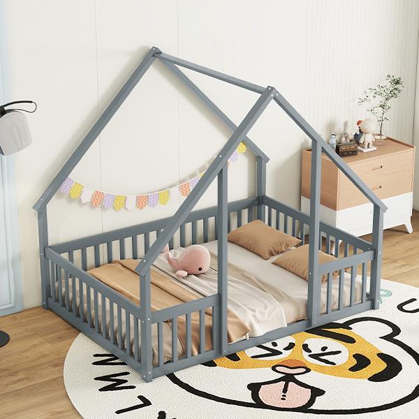 Full Wood House-Shaped Floor Bed with Fence, Guardrails,Grey