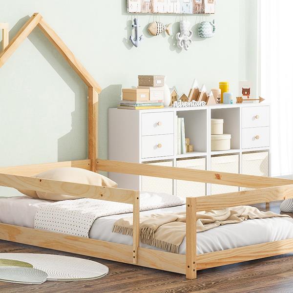 Twin Size Wood bed with House-shaped Headboard Floor bed with Fences,Natural