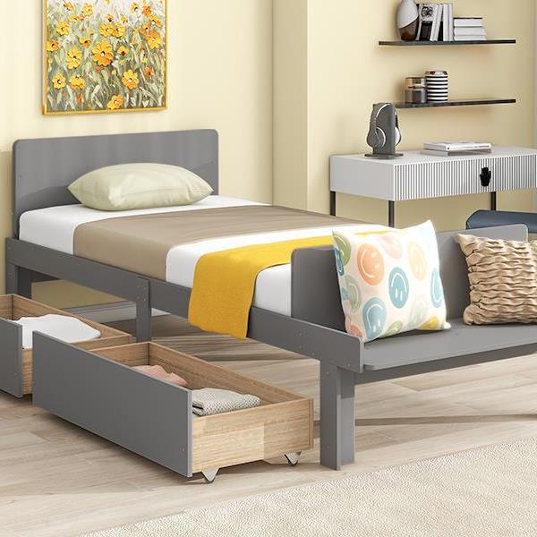 Twin Bed with Footboard Bench,2 drawers,Grey