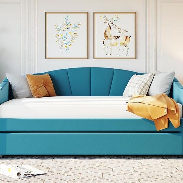 Upholstered Daybed Sofa Bed Twin Size With Trundle Bed and Wood Slat ,Blue