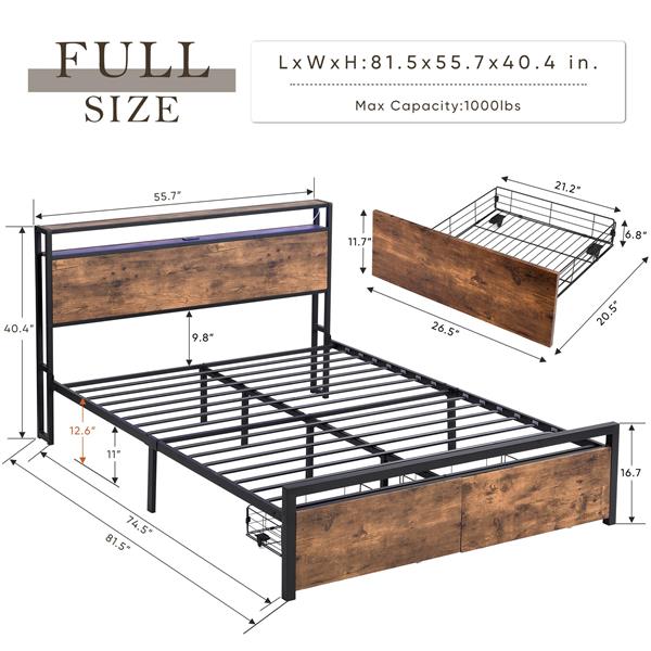 Full Size Bed Frame with Storage Headboard and 2 Drawers, LED Lights Bed with Charging Station, Metal Platform Bed No Noise, Mattress Foundation Strong Metal Slats Support No Box Spring Needed