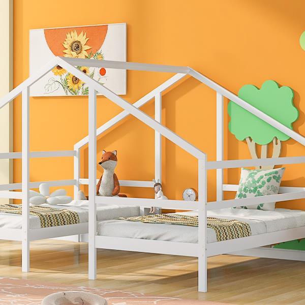 Double Twin Size Triangular House Beds with Built-in Table,White