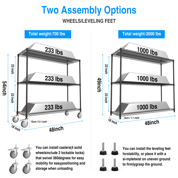 3 Tier Shelf Wire Shelving Unit - 3000LBS, 3T1848-3KLB-B-LKJ