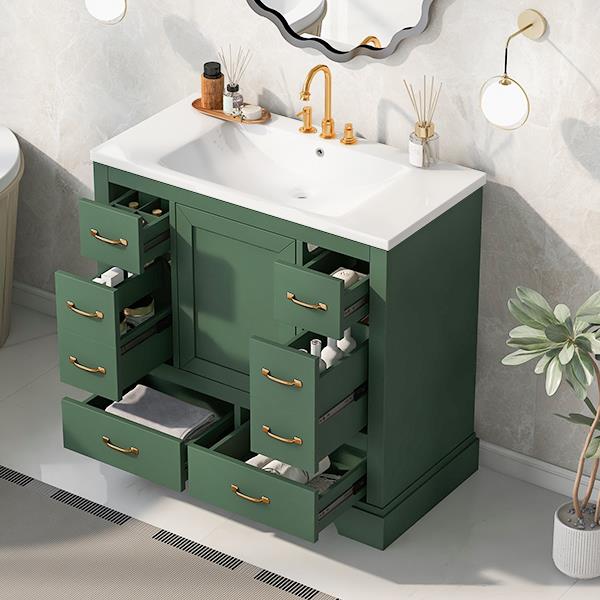 36" Bathroom Vanity with Sink Combo, Six Drawers, Multi-Functional Drawer Divider, Adjustable Shelf, Green