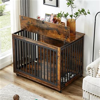 Furniture Style Dog Crate Side Table With Feeding Bowl, Wheels, Three Doors, Flip-Up Top Opening. Indoor, Rustic Brown, 43.7\\"W x 30\\"D x 33.7\\"H