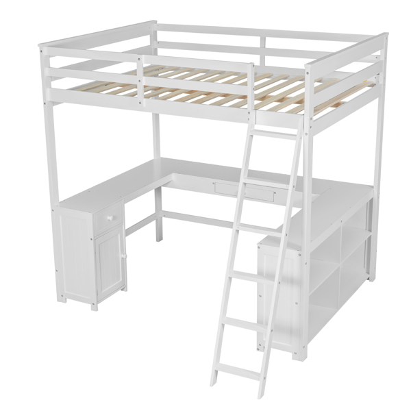 Full Size Loft Bed with U-shaped Desk, Drawers and Storage Shelves, White