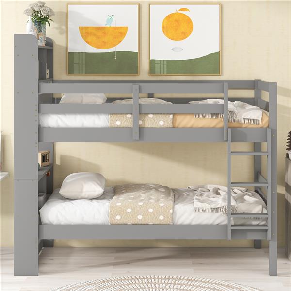 Twin Over Twin Bunk Beds with Bookcase Headboard, Solid Wood Bed Frame with Safety Rail and Ladder, Kids/Teens Bedroom, Guest Room Furniture, Can Be converted into 2 Beds, Grey