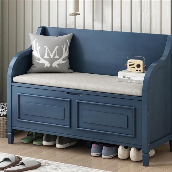 Rustic Style Solid wood Entryway Multifunctional Storage Bench with Safety Hinge (Antique Navy+ Beige)