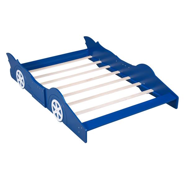 Full Size Race Car-Shaped Platform Bed with Wheels,Blue