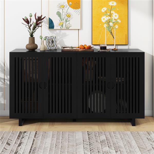 Modern Style Sideboard with Superior Storage Space, Hollow Door Design and 2 Adjustable Shelves for Living Room and Dining Room (Black)