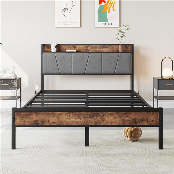 Full Size Bed Frame, Storage Headboard with Charging Station, Solid and Stable, Noise Free, No Box Spring Needed, Easy Assembly,Vintage Brown and Gray