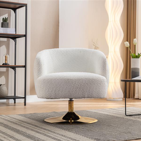 048-Chenille Fabric Swivel Chair With Gold Metal Round Base,White