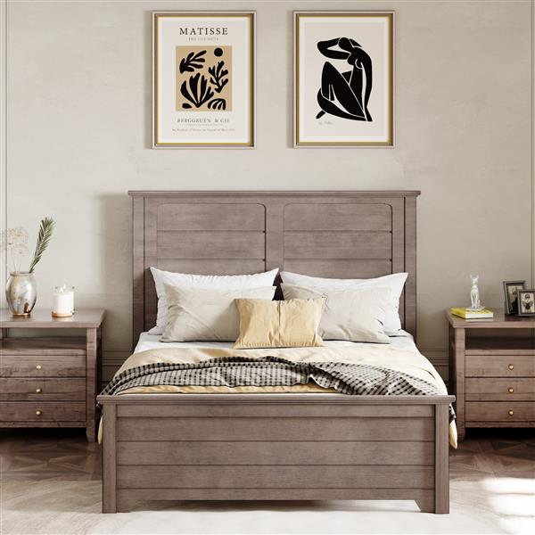 Farmhouse Wooden Platform Twin Size Bed with Panel Design Headboard and Footboard for Teenager, Ash Brown