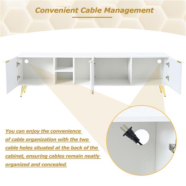 Modern Minimalist Geometric TV Cabinet with Metal Handles and Gold Legs for TVs Up to 80'', Multi-functional TV Stand with Storage Cabinets, Entertainment Center for Living Room, White