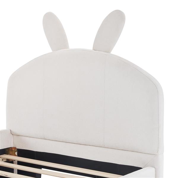 Twin Size Upholstered Platform Bed with Cartoon Ears Shaped Headboard and 2 Drawers, White