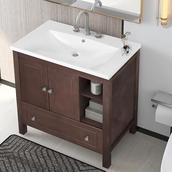 [VIDEO] 30" Bathroom Vanity with Sink, Bathroom Storage Cabinet with Doors and Drawers, Solid Wood Frame, Ceramic Sink, Brown