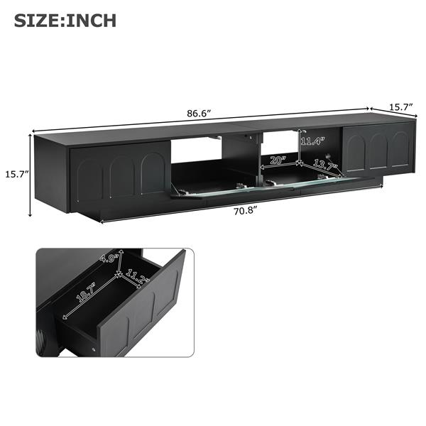 TV Stand with Fluted tempered Glass Doors for TVs Up to 95'', Functional Media Console with Arched Cabinet Doors, Entertainment Center with APP-Controlled LED Light for Living Room, Black