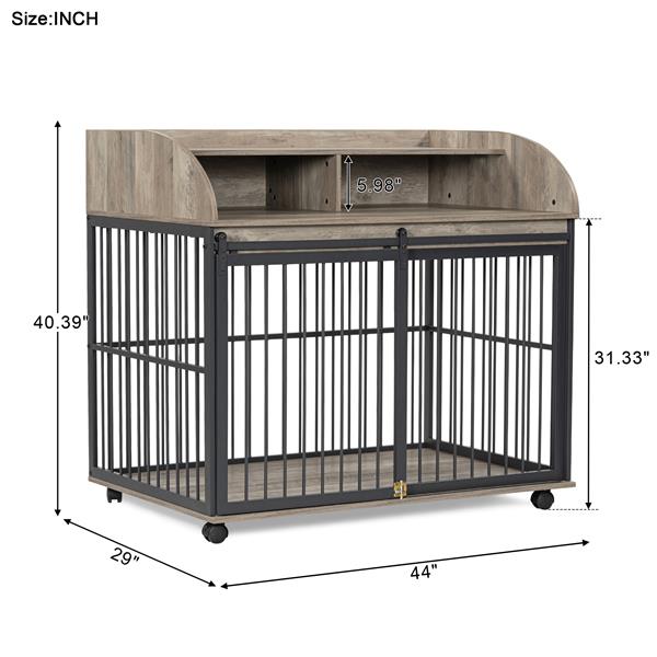 44'' Heavy Duty Large Dog Crate Furniture for Large Medium Dog with Lockable Wheels, Wooden Dog Crate Dog Kennel, End Table Crate with Double layer storage, Gray