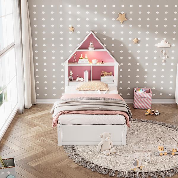 Twin Size House-Shaped Bed with Bookcase Headboard and Led Light and Twin Size Trundle for Kids Boys Girls, Pink+ White