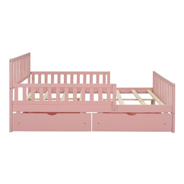 Full Size Wood Platform Bed with Guardrails on Both Sides and Two Storage Drawers ,Pink