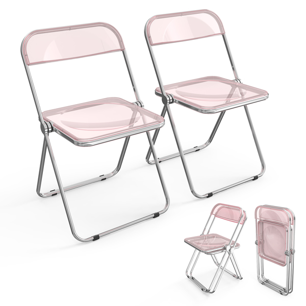 2pcs Foldable Patio Plastic Folding Chairs Pink Transparent