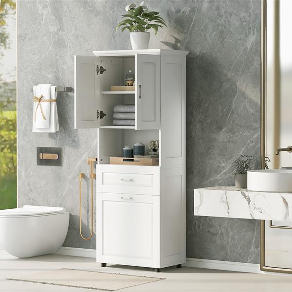 Tall Bathroom Cabinet with Laundry Basket, Large Storage Space Tilt-Out Laundry Hamper and Upper Storage Cabinet, White