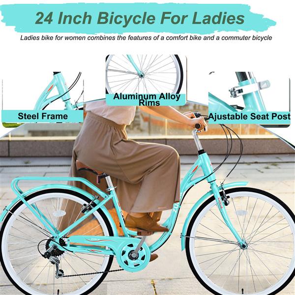 7 Speed, Steel Frame, Multiple Colors 24 Inch Ladies Bicycle