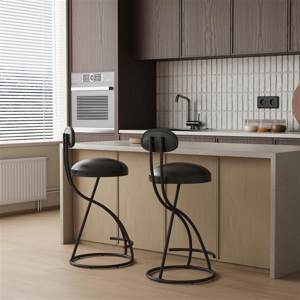 Bar Stools Upholstered Counter Height Barstools for Kitchen Island Set of 2 Modern PU Leather Dining Chairs with Footrest (Black)