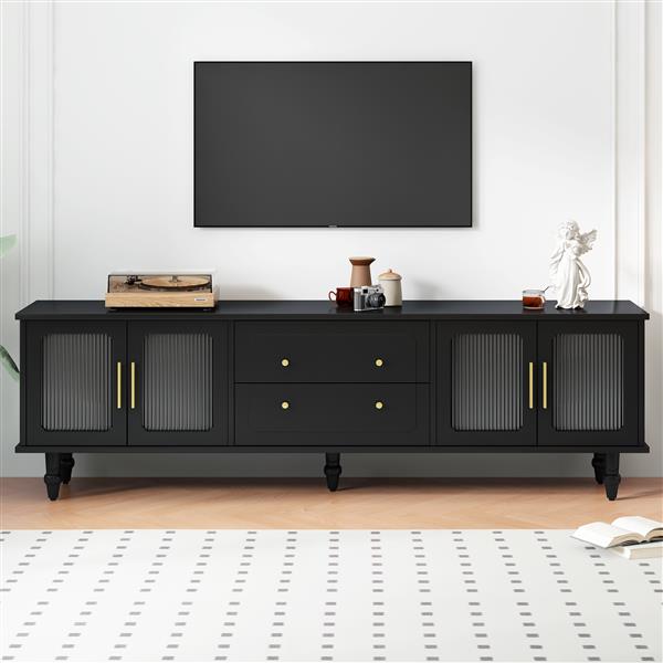 Retro Design TV Stand with Fluted Glass Doors for TVs Up to 78'', Practical Media Console with 2 Drawers and Cabinets, Elegant Entertainment Center for Living Room, Black