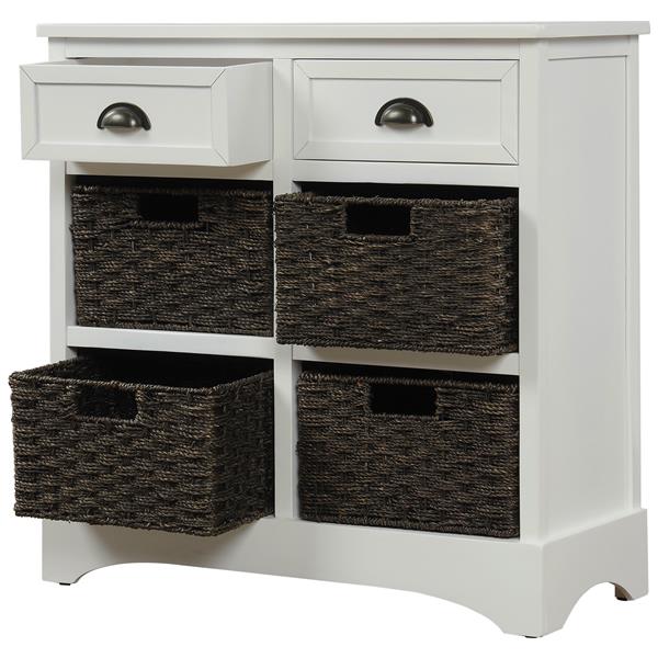 Rustic Storage Cabinet with Two Drawers and Four  Classic Rattan Basket for Dining Room/Living Room (White)