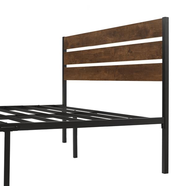 Queen Size Bed Frame with Wood Headboard, Metal Frame with Strong Slats, Noise Free,No Box Spring Needed-Brown