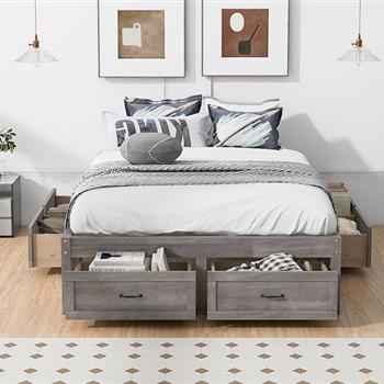 Full Size Platform Bed with 6 Storage Drawers,Antique Gray