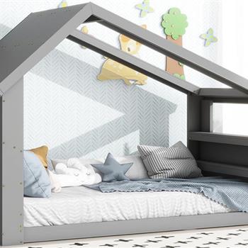 Twin House Floor Bed with Roof Window, LED Light,Grey