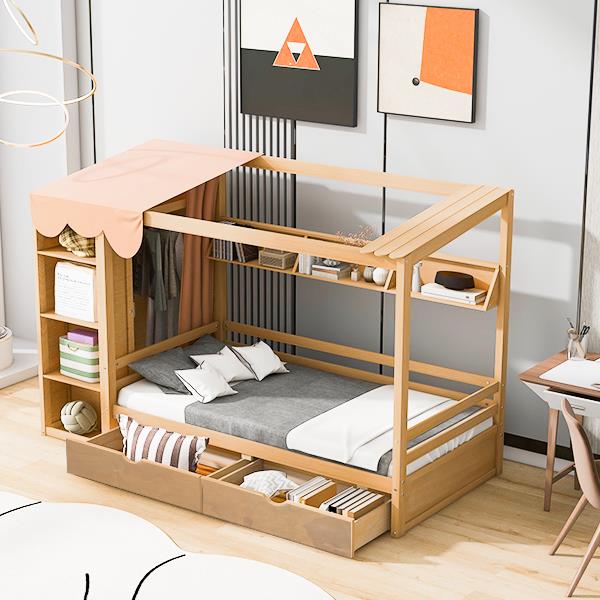 Twin size House Bed with Two Drawers and Wardrobe,Natural