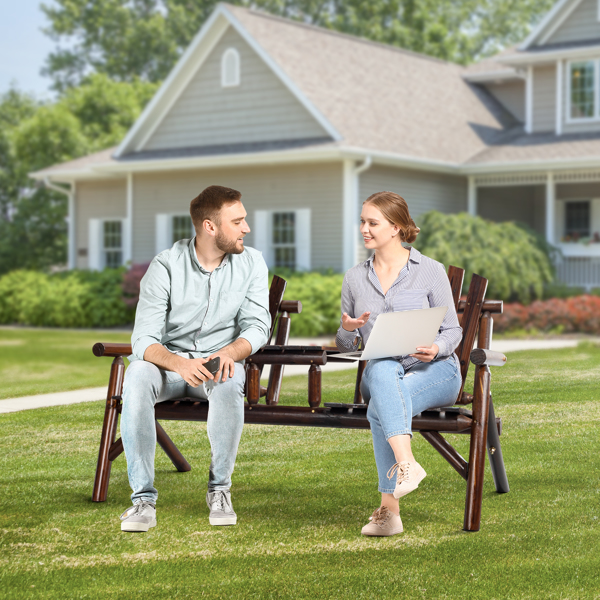 Outdoor Bench Adirondack Bench with Built-in Table，Wood Bench Garden Bench for Outdoors Porch Bench for Yard Garden Patio Outside Deck Firepit Pool 