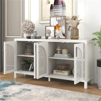 Large Storage Space Sideboard with Artificial Rattan Door and Metal Handles for Living Room and Entryway (White)