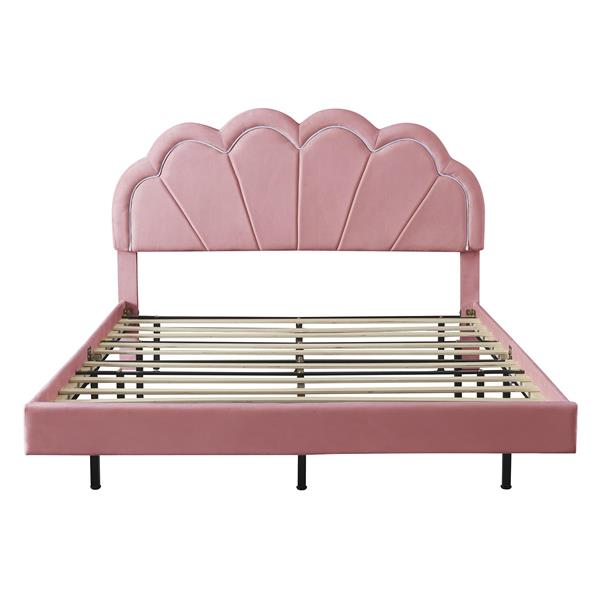 Queen Upholstered Smart LED Bed Frame with Elegant Flowers Headboard,Floating Velvet Platform LED Bed with Wooden Slats Support,Pink