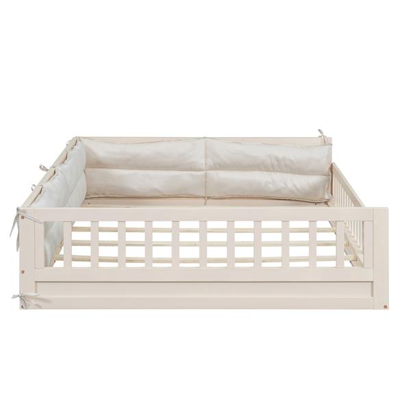 Wood Full Size Upholstered Platform Bed with Guardrail and Pillow, Beige