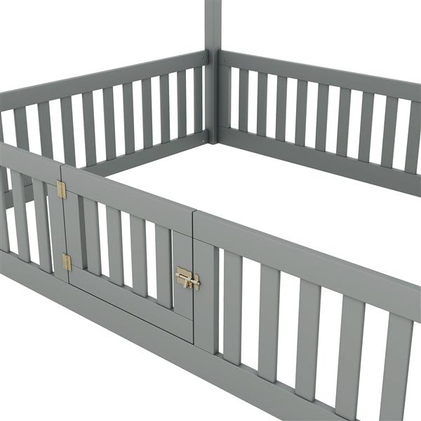 Full Size Wood House Bed with Fence and Door, Gray